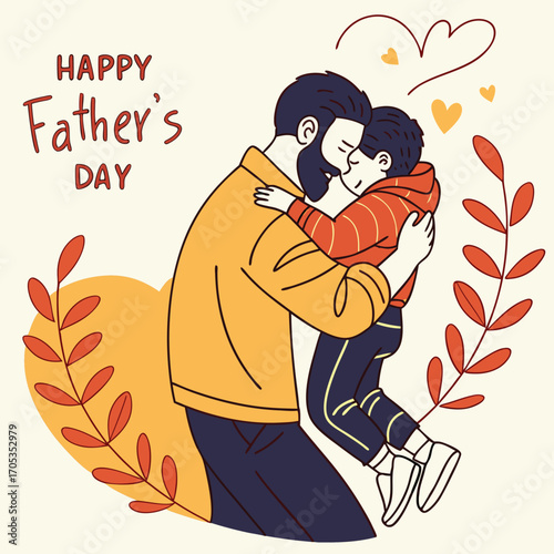 Vector art of a charming illustration of a father embracing his child, celebrating fathers day with love and warmth, framed by foliage and hearts on a light background