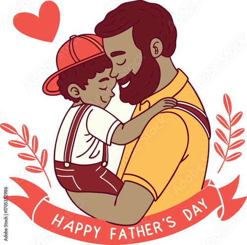 Vector art of a delightful illustration celebrating fathers day, depicting a loving father embracing his son with a heart and banner