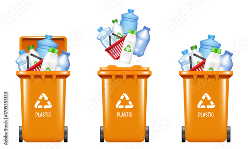 Recycling Bins for plastic. Container for plastic. Orange trash can. Vector illustration