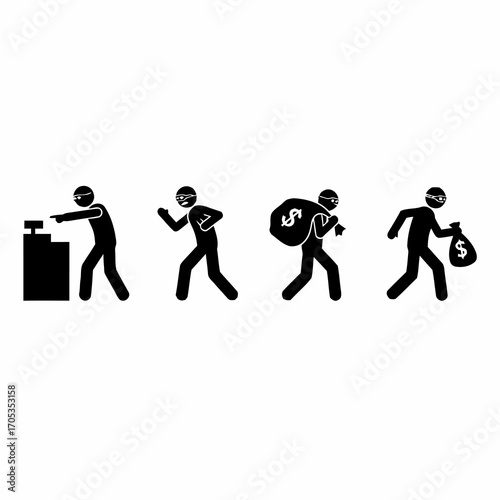 Vector pictogram collection illustrating the process of a robbery, showing a thief stealing money and running away with a sack