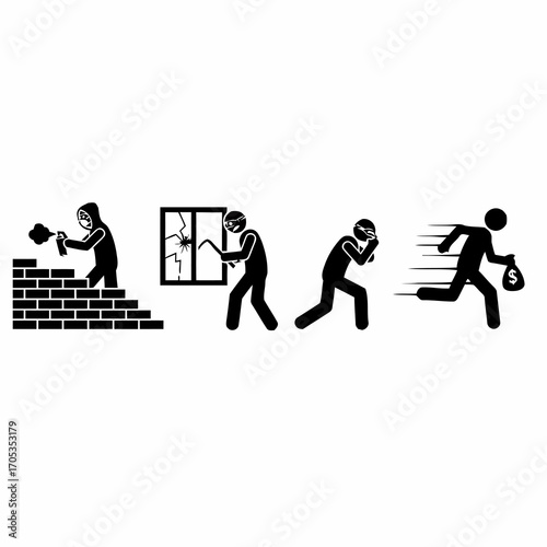 A collection of stick figure pictograms illustrating illegal activities, including graffiti vandalism, breaking and entering, and a thief escaping with stolen money