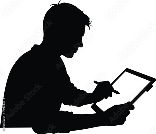 Male Graphic Designer Drawing on a Tablet - Vector Silhouette
