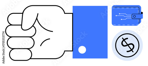 Fist gesture, digital wallet, and coin icon represent financial decision-making and digital payments. Ideal for fintech, ecommerce, budgeting, savings, cryptocurrency, investment simple flat