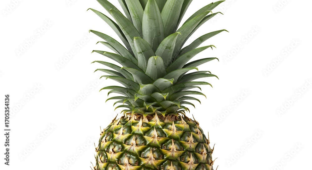 Fototapeta premium Closeup of a fresh pineapple with green leaves against a white background