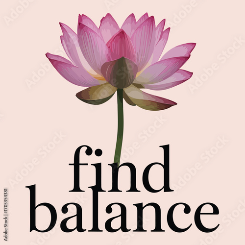 Pink lotus flower find balance text green stem black text