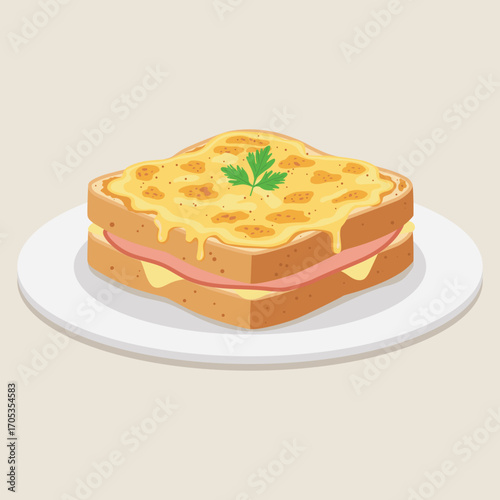 flat vector of Croque Monsieur is a classic French sandwich made with slices of bread, ham, and melted cheese, creamy bechamel sauce and then grilled.