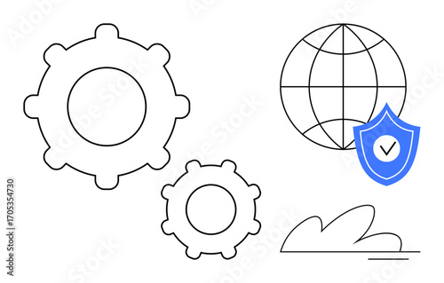 Interconnected gears beside a globe and shield with a checkmark. Ideal for technology, security, internet safety, teamwork, innovation, global service, and operations. A simple flat metaphor