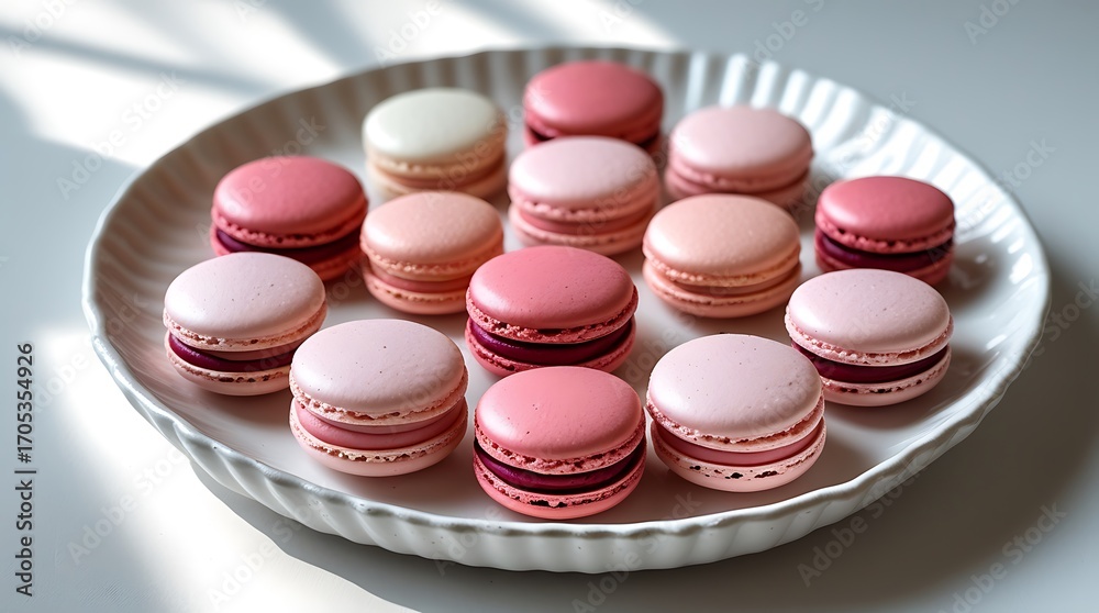 Obraz premium a plate filled with colorful macarons under soft sunlight