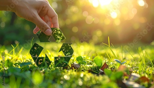 A hand places a recycling symbol made of moss and leaves onto a lush bed of green grass, symbolizing the act of giving back to nature, sustainability, and a commitment to environmental protection