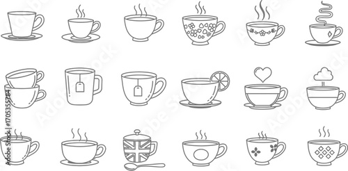 Collection of hand-drawn teacups with hot steam, perfect for tea time or cafe designs