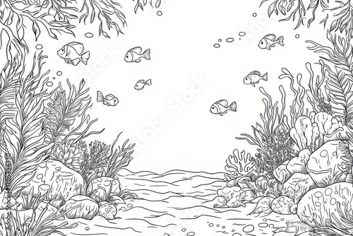 Simple underwater scene coloring page for kids with fish, coral, and sea plants, black and white line art with thick bold outlines and no shading