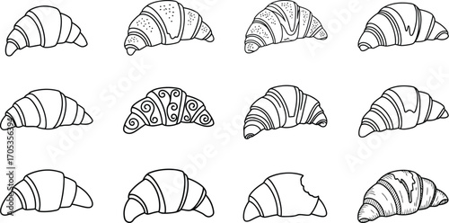 Collection of hand-drawn croissant illustrations, showcasing various styles and patterns