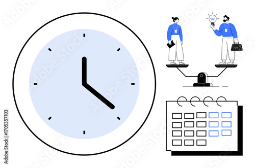 Clock alongside balancing scales with professionals, calendar. Ideal for time management, work-life balance, productivity, decision-making, planning, deadlines scheduling. Simple flat metaphor