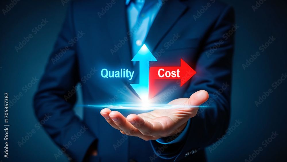 Obraz premium A man balances quality and cost, a key concept in business management. 