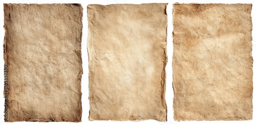 Aged paper sheets, three vertical panels