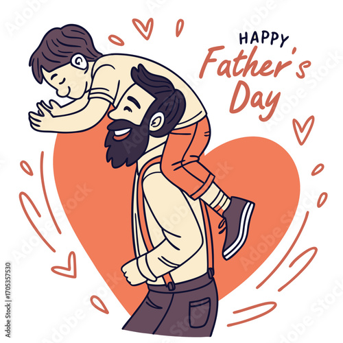 Vector art of a cheerful illustration celebrating fathers day, depicting a father carrying his son on his shoulders with a heart backdrop, conveying joy and the special bond between them