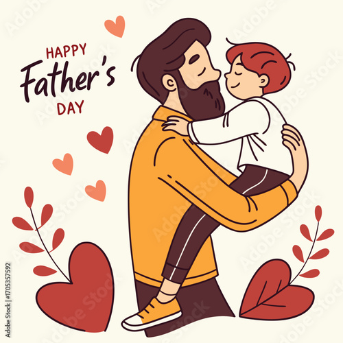 Vector art of a heartwarming fathers day illustration featuring a loving father holding his son, surrounded by hearts and foliage, conveying love and appreciation