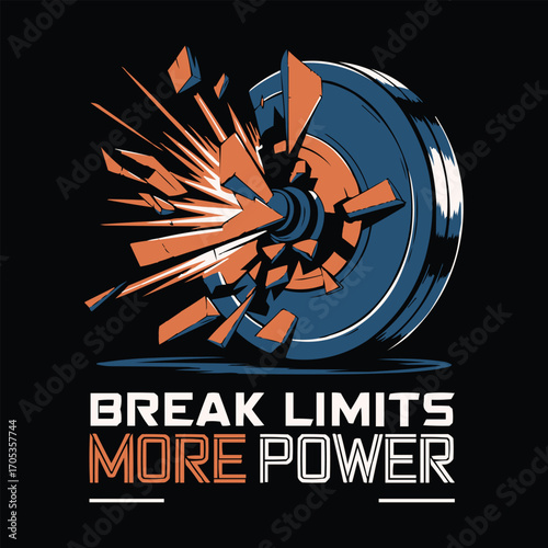 Break limits more power typography with explosive weight plate graphic for gym motivation, fitness poster, and t shirt design