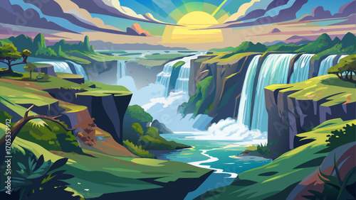 Victoria Falls at the border of Zambia and Zimbabwe thunders majestically, a curtain of water plunging into the gorge below, mist rising to create shimmering rainbows over lush rainforest.