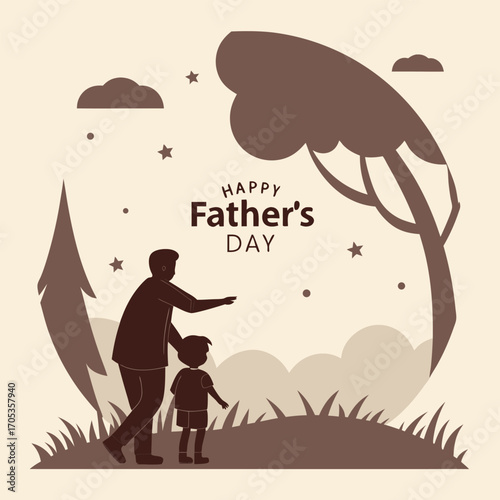 Vector art of a serene fathers day illustration featuring a father and son walking in nature, with trees and stars, perfect for celebrating family bonds and outdoor adventures