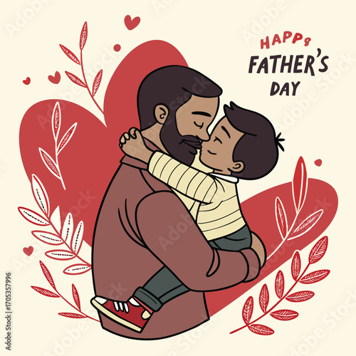 Vector art of a heartwarming illustration of a father holding his child, celebrating fathers day with love and affection, surrounded by hearts and foliage on a light background