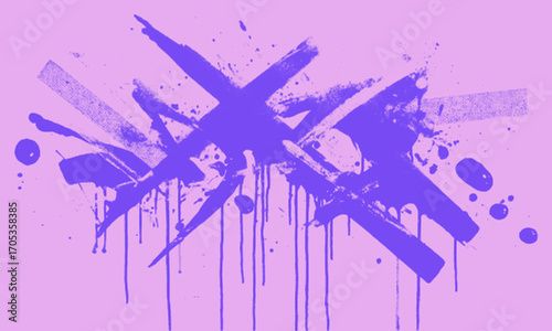 Purple abstract spray paint splatter with drips, modern graffiti vector illustration on isolated background