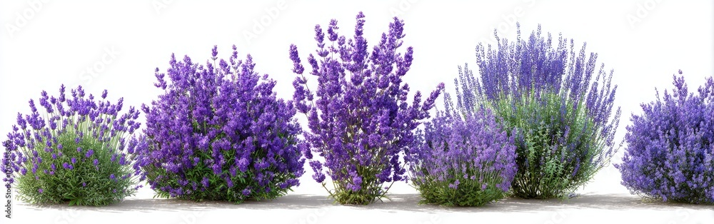 Fototapeta premium Lavender bushes in various sizes, displayed against a white background