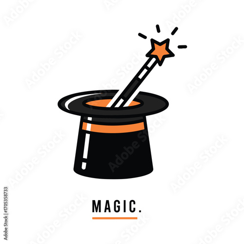 Vector art of magic hat with a wand and star, representing illusion