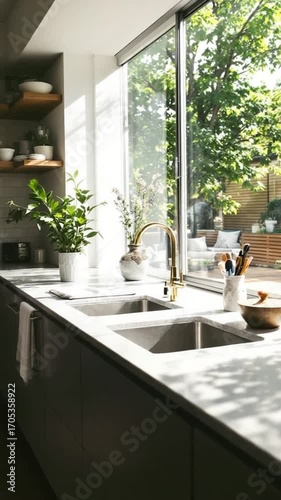 Modern kitchen with sunlight