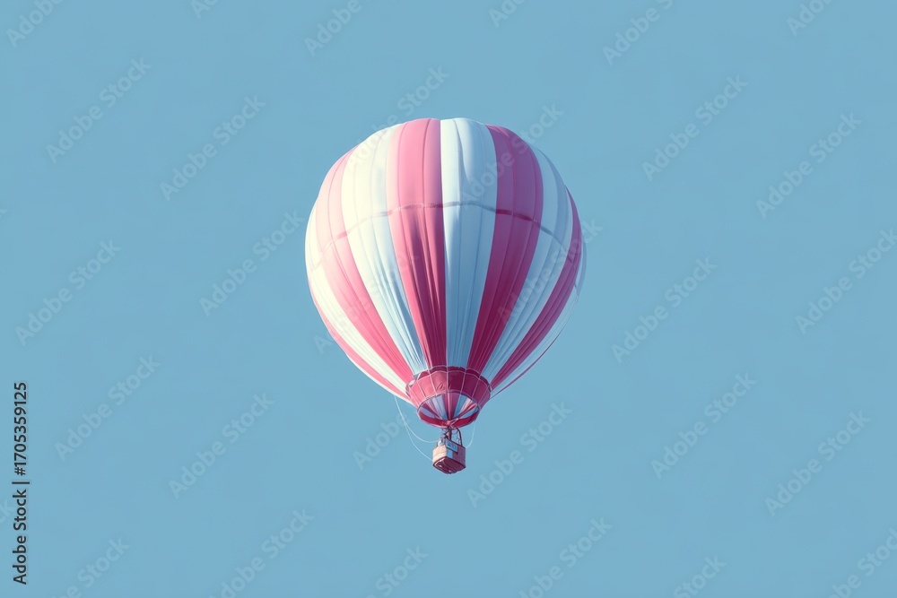 Fototapeta premium A pink and white striped hot air balloon floats in the clear blue sky.
