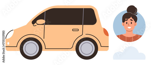 Yellow compact car with side-view details and womans profile in circular frame. Ideal for transportation, car sharing, commuting, ride-hailing, personal services, travels, community, simple flat