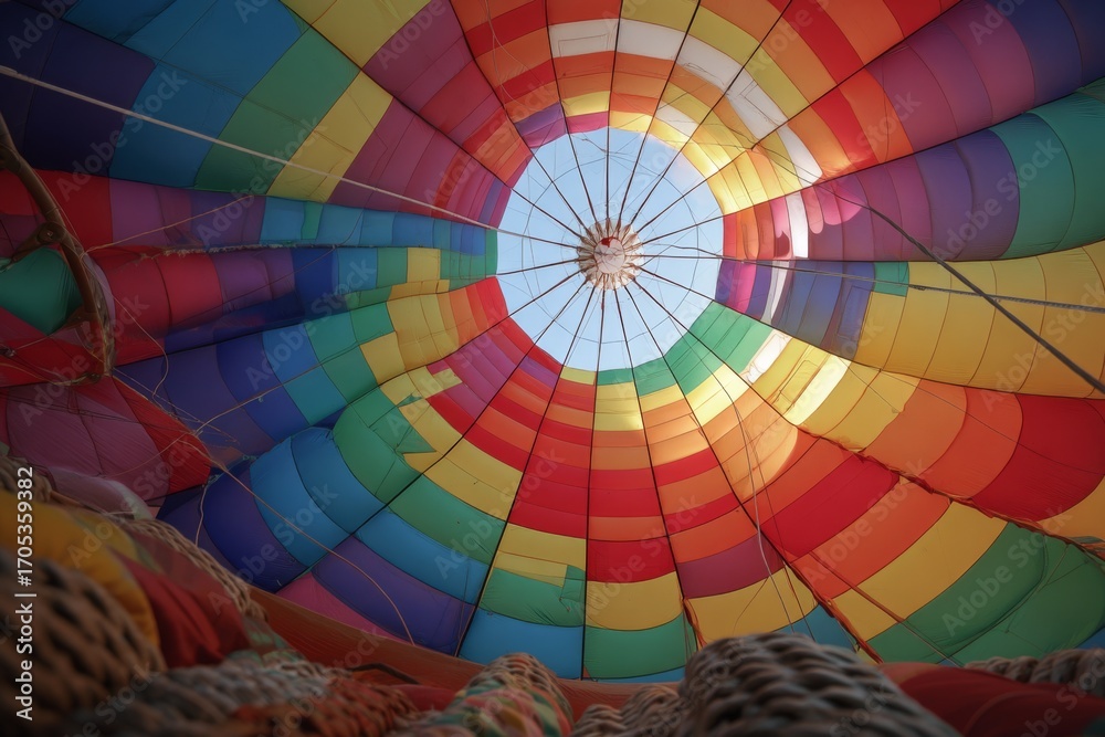 Obraz premium View looks up into the colorful canopy of a hot air balloon against the sky.