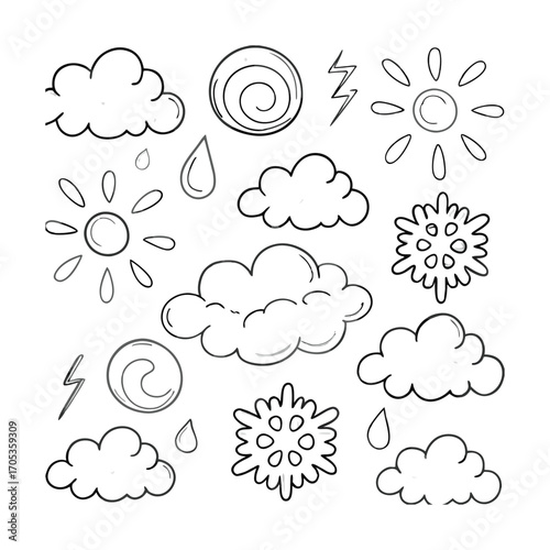 Weather line icon set sun clouds rain lightning thermometer climate meteorological infographic sign
