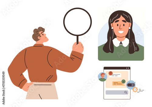 Man using magnifying glass to observe profile picture of woman, chat bubbles, and search interface. Ideal for recruitment, online networking, social media scrutiny, research, analytics, strategy