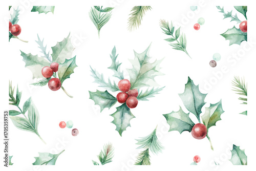 Watercolor seamless pattern with holly & pine branches vector illustration isolated on white background