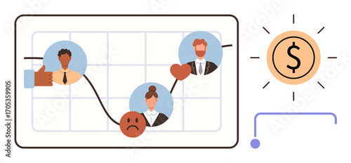 Graph tracking employee happiness over time with emotive icons, team collaboration, and economic success display. Ideal for teamwork, emotions, finance, productivity, motivation, strategy simple