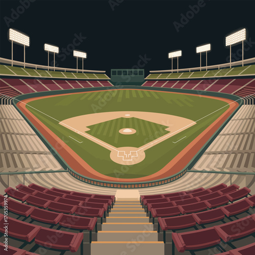 Baseball stadium at night with illuminated field and empty seats in foreground Keywords