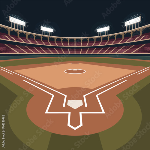 Baseball stadium infield with home plate and bases under stadium lights Keywords: baseball