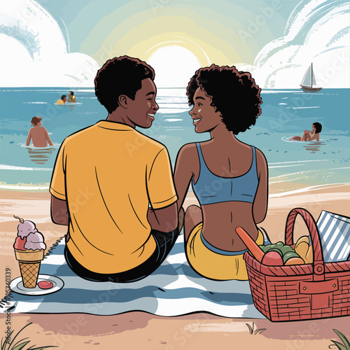 Couple on a beach picnic with ice cream, basket, and a sailboat in the ocean romance
