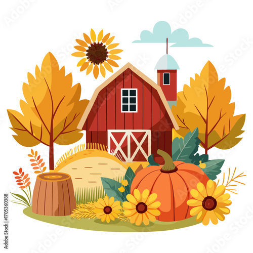 Fall harvest festival farmers market with pumpkins apples and bread trucks in autumn season illustration
