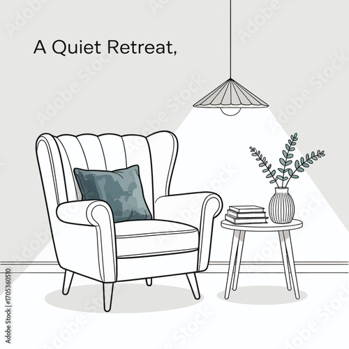 Cozy armchair with pillow and side table with books and vase cushion