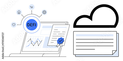 Laptop displaying analytics and decentralized finance network, smart contracts with a certified seal, cloud for digital storage. Ideal for fintech, blockchain, security, innovation, finance