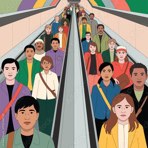 Diverse crowd of people riding escalators in a colorful subway station vector illustration