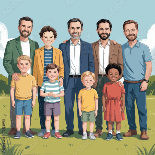 Diverse family group of fathers and children posing outdoors in a park diversity