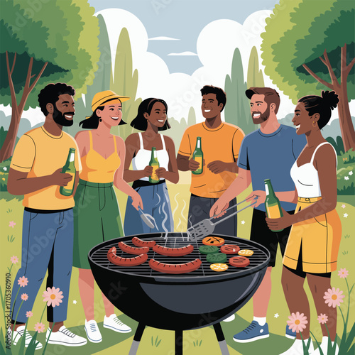 Diverse group of friends grilling food at a summer barbecue in a grassy park vector