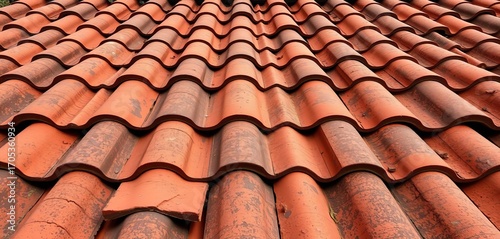 Rustic, weathered clay roof tiles, showing texture and color variations,  grunge,  construction