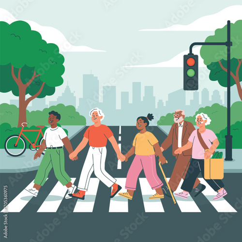 Diverse group of people holding hands crossing a city street at a crosswalk urban