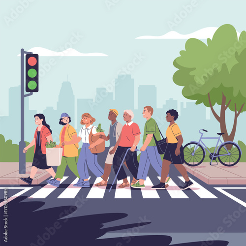 Diverse group of people crossing a city street with a traffic light and bicycle urban