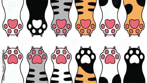 Cute cartoon cat paw vector pattern with colorful kitten feet illustration for pet lovers, stickers, and t shirt design