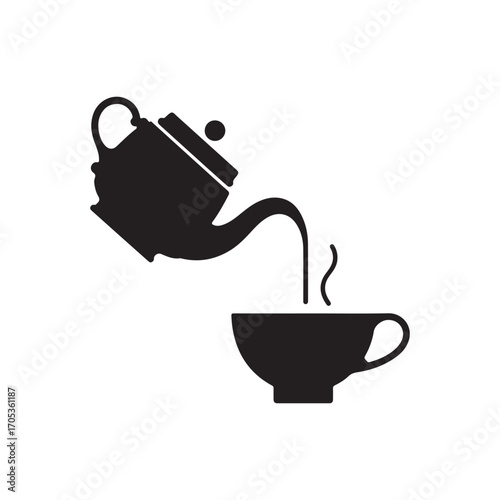 minimalist teapot pouring hot tea into cup vector silhouette in black and white for kitchen or café design
